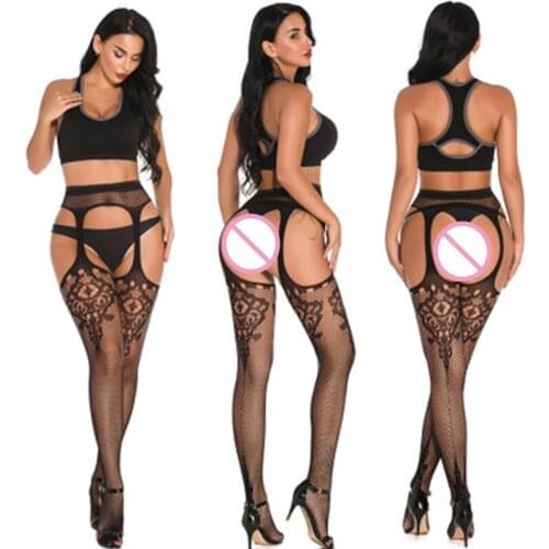 Womens Sexy Stockings Open Crotch Fishnet Pantyhose Sexy Lingerie Hot Garters Belt Set Underwear Open Crotch Erotic SW002