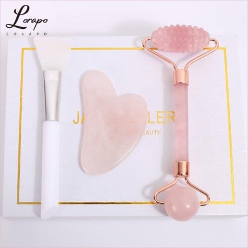 Facial Massager Rose Quartz Roller Natural Stone Massage Relaxation Jade Roller Jade Spatula Set Face-lift Beauty Massage Tool