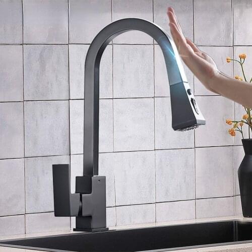 Matte Black Pull Out Sensor Kitchen Faucets Stainless Steel Smart Induction Mixed Tap Rotate Touch Control Sink Tap