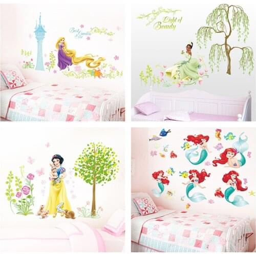 Cartoon Disney Snow White Tiana Princess Flowers Garden Wall Stickers For Kids Room Decoration Diy Mural Art Girls Wall Decals