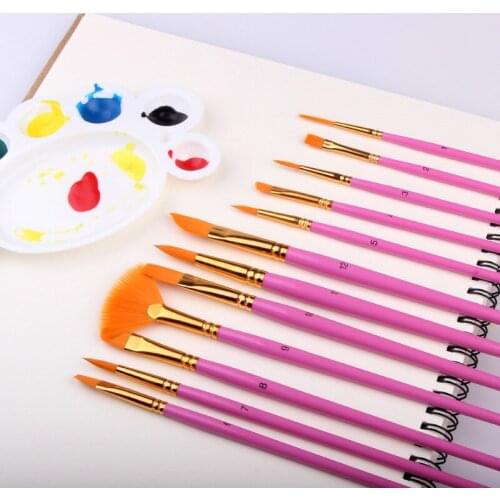 12Pcs Paint Brushes Nylon Hair Wood Handle Different Shape Set for Art Supplies Watercolor Oil Paint Brush Set