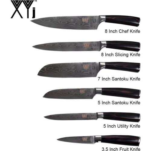 XYj Kitchen Chef Knife Set Stainless Steel Sharp Blade 8'' Chef Slicing 7'' Santoku 5'' Utility 3.5'' Paring Damascus Pattern