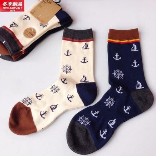 Stitching Colors Boat Anchor Print Socks Cute Fun Cartoon Men Cotton Sock Autumn Winter Harajuku Casual Trend Comfort Breathable