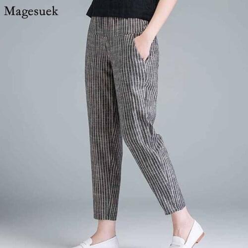 New Arrival Summer Korea Fashion Plus Size High Waist Thin Casual Harem Pants Women Pants Striped Cotton Linen Trousers 10299
