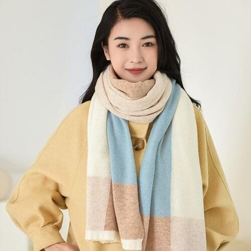New Winter Wool Scarf Women Knitted Warm Neck Scarves Pashmina 100% Sheep Wool Shawl Wrap Stitching-Color Thick Cashmere Scarves