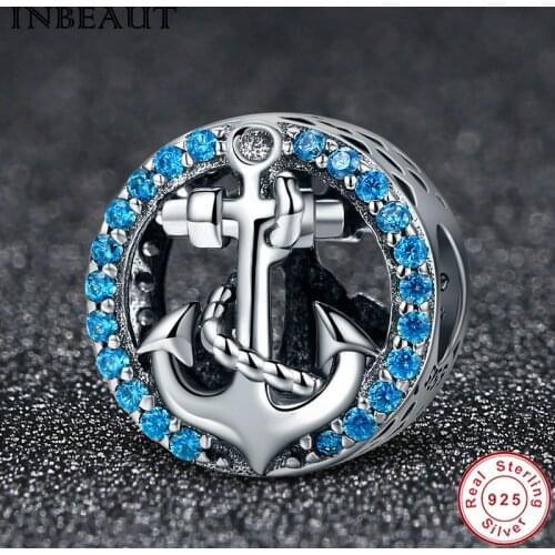 Fit Europe Bracelet Vintage Ship Charm 925 Sterling Silver Round Ocean Blue CZ Sea Sailing Beads S925 Stamp DIY Jewelry