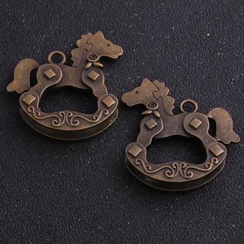 1PCS 48*52mm Metal Alloy Two Color Toy Charms Wooden Horse Pendants for Jewelry Making DIY Handmade Craft