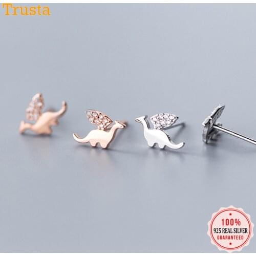 Trustdavis Genuine 925 Sterling Silver Jewelry Cute Small Dazzling Dinosaur Stud Earrings For Women Girls Kids Lady Gift DT44