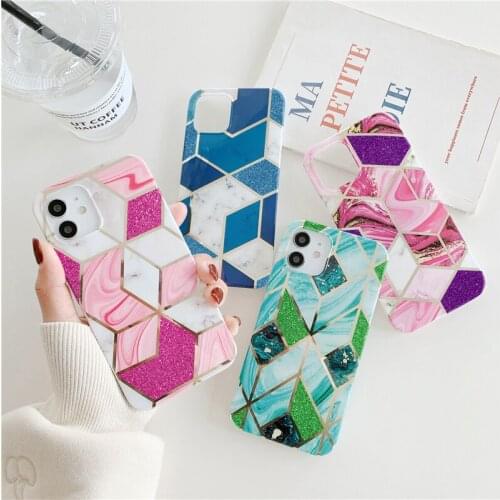 Stylish Pink Geometric Marble Phone Case For iPhone 12 11 Pro XS MAX XR 7 8 Plus SE2020 Soft Glitter IMD Bracket Back Cover Gift
