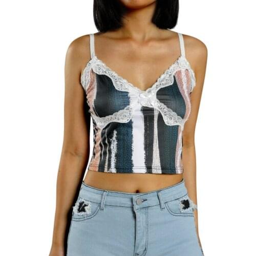 Womens Sexy Crop Cami Tops, Trendy Printed Sleeveless Deep V Neck Lace Patchwork Slim Fit Camisole Summer 2021