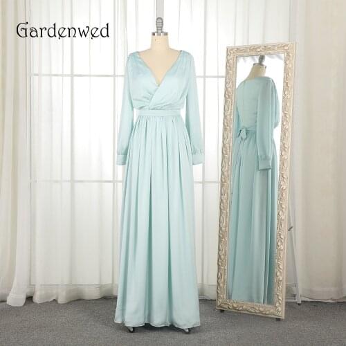 Special Design Long Sleeves Evening Dress 2019 Sash Powder Blue V Neck Pleated Chiffon Dress Party Simple Japan Koren Style