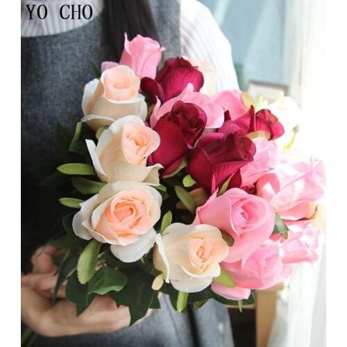 YO CHO Pink Artificial Rose Bud Flower Christmas Day Home Decor White Rose Silk Flowers Party Mini Peony Wedding Flower Bud DIY