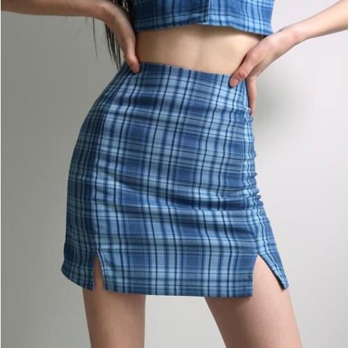 Blue plaid women elegant mini skirts 2020 summer fashion ladies vintage skirt party female split skirt girls chic streetwear