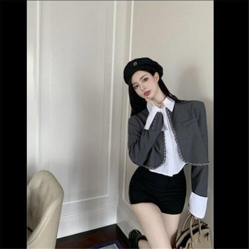 Retro British Girl 3 Piece Suits Long Sleeve White Shirt&Short Slim Blazer&High Waist Shorts Sets Female Chic Fashion 3pc Suits