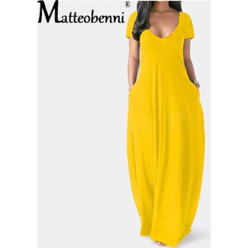 Plus Size Deep V Sexy Short Sleeve Long Dress Women Solid Color Casual Loose Pockets Decor Fashion Holiday Robe Maxi Vestido