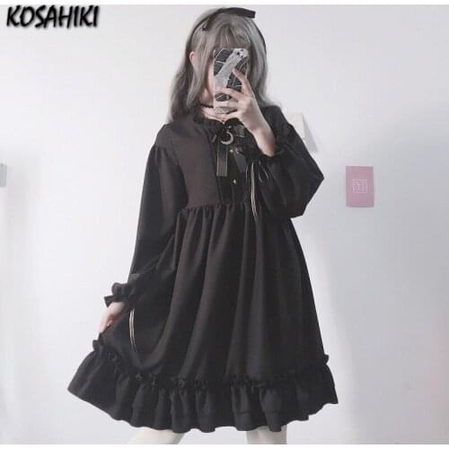 KOSAHIKI Lantern Sleeve High Waist Student Lolita Dresses Harajuku Ruffled Femme Robe Solid Bowknot 2021 Spring Women Vestidos