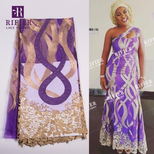 Gold Line Embroidered Stones Net Lace Fabric 2018 HIgh Quality French African Mesh Tulle With Rhinestones Guipure Wedding Fabric