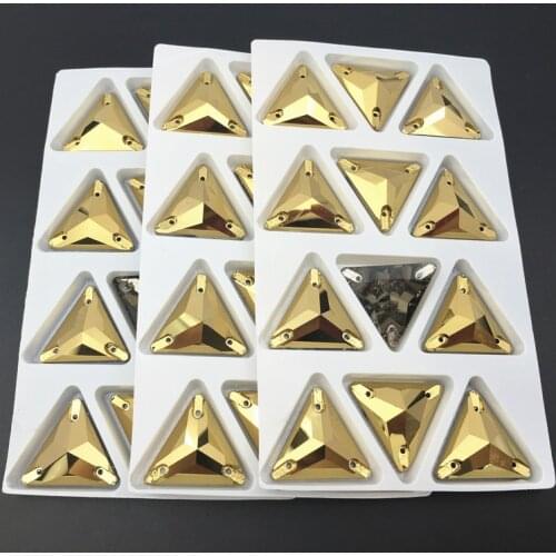 12pcs 22mm Tri-angle Shape Gold Hematite color Sew On Rhinestones Flatback Glass Sewing Crystal Beads For Garments Dress
