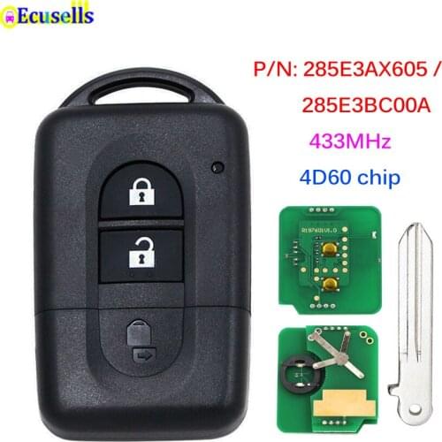 2 Buttons 433MHz 4D60 Chip Fob Remote Car Key for Nissan Juke Navara Micra Xtrail Qashqai P/N: 285E3AX605 / 285E3BC00A Uncut