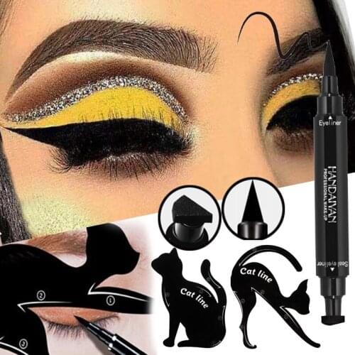 3Pcs/Set Sexy Double-ended Makeup Stamps Eyeliner Pencil Cat Eye Makeup Quick Dry Waterproof Black Eyeliner with Eyeliner Cards