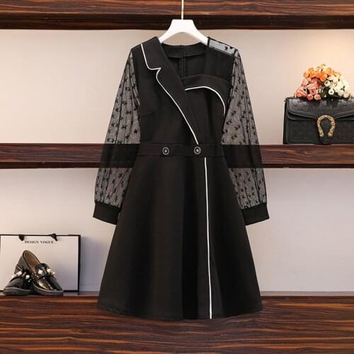 5XL plus size women sexy lace vintage dress autumn winter 2021 lace sleeve hollow out elegant Patchwork black sexy dresses