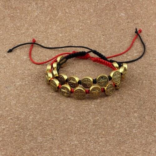 6Pcs/lots Antique gold Tone Alloy Saint Benedict Medal on Adjustable Red / black Cord Wrist Bracelet B-81a