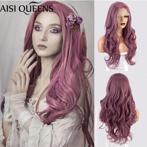 AISI QUEENS Long Wavy Lace Wigs Synthetic Wigs for Women Middle Part Hairline Daily Use Cosplay Hair