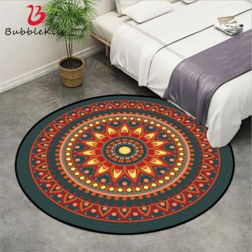 Bohemia Rugs and Carpets for Home Living Room Orange Mandala Flower Pattern Round Carpet Area Rug for Bedroom Mechanical Wash