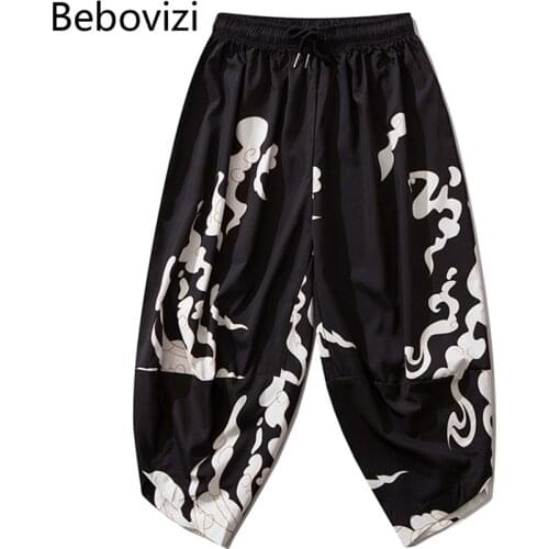 Bebovizi Thin Japanese Print Kimono Pants Women Men Samurai Black Harem Pants Loose Elastic Waist Asian Cosplay Trousers