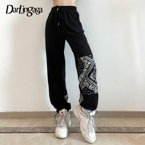 Darlingaga Streetwear Vintage Print Patchwork Black Sweatpants Women Drawstring Baggy Pants Sportswear High Waist Pants Trousers