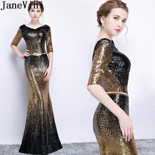 JaneVini BlingBling Sequins Black Gold Evening Dresses for Wedding Half Sleeves Mermaid Mother Of The Bride Groom Dresses 2019