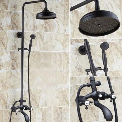 Black Oil Rubbed Brass Dual Cross Handles Bathroom 8 Inch Round Rain Shower Faucet Set Bath Tub Mixer Tap Hand Shower mhg111