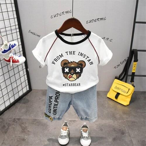 2 3 4 5 6 Years Boys Sets Cartoon Short Sleeve T-shirt Denim Shorts Casual Outfit 2020 Summer Toddler Baby Suits Children 2pcs