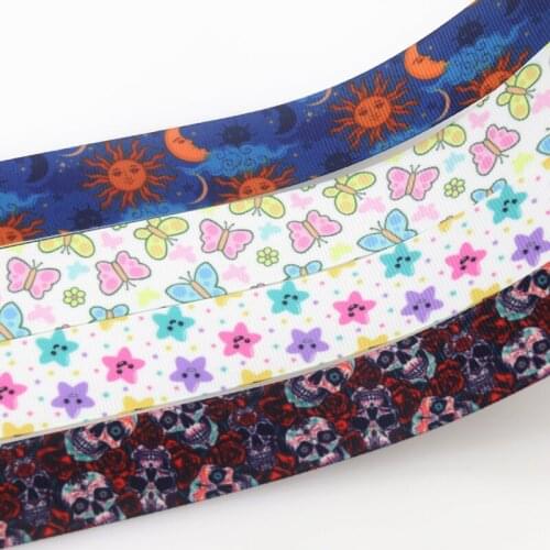 DHK 50yards Skull Star Butterfly Sun Printed Grosgrain Ribbon Accessory Hairbow Headwear Decoration DIY Wholesale OEM S1470