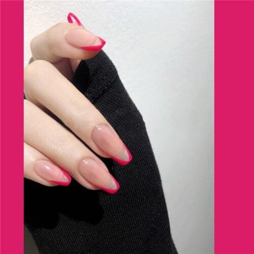 French pure color with rose red V pattern false nails 24pcs with glue lady full nail tips Nail art bride fake nails
