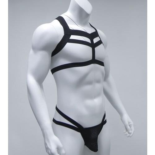 Hot Men Bondage Costume Lingerie Body Chest Harness Halter Neck Nightclub Hollow Out Clothing Thong Set Jockstrap Black White
