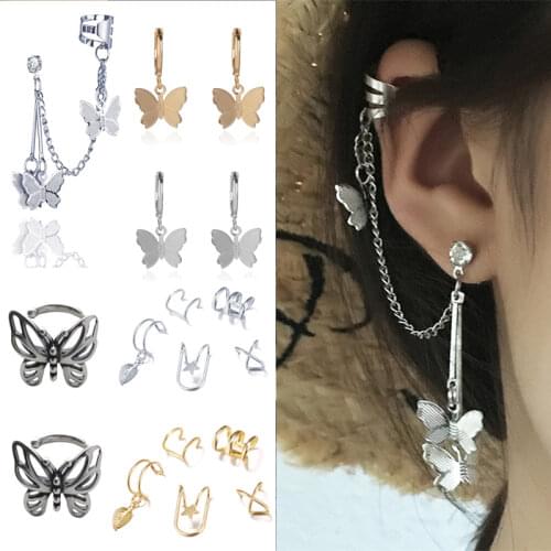 Punk Butterfly Clip Earrings For Women Girls Ear Hook Ear Clips Double Pierced Statement Chain Earring Fashion Jewelry Ear Cuffs