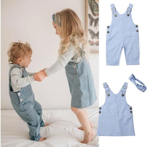 2019 New Toddler Baby Girl Boy Match Clothes Blue Striped Stripe Bib Pants Overalls Suspender Dress Headband