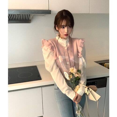 Two piece set sweetheart bubble sleeve small white shirt autumn winter 2021 new shirt top