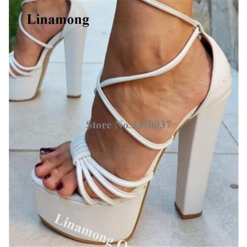 Linamong Thin Straps Cross High Platform Chunky Heel Sandals Lace-up White Leather Thick HIgh Heel Sandals Party Shoes