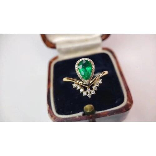 Fashion elegance crown water drop Natural gem stone Ring Natural green Emerald ring S925 silver womens girl party gift Jewelry