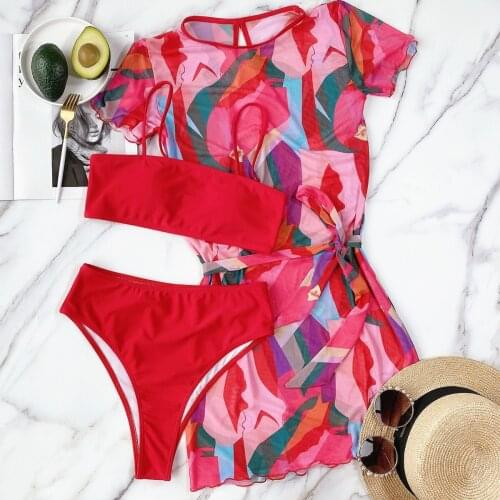 Fashion 3 Piece Swimsuit 2021 Women Red Floral Print Short Sleeve Belt Cover Up Bikini Set Bathing Suit High Waist Swimwear