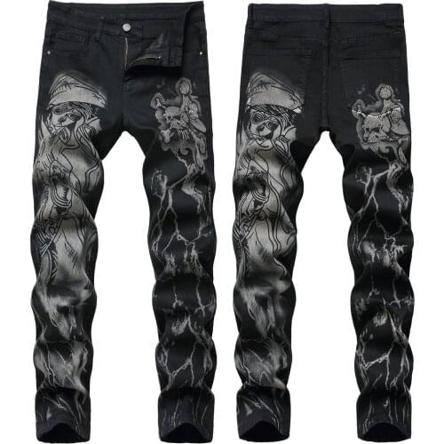 Ropa 2021 New Fashion Man Skull Printed Skinny Jeans For Men Street Mens Slim Fit Biker Denim Punk Black Pants Pantalones Hombre