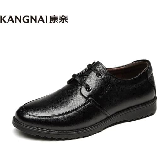 KANGNAI Men Shoes Genuine Leather Black Anti-Slip Flats Classic Lightweight Lace-Up Business Casual Shoes Man