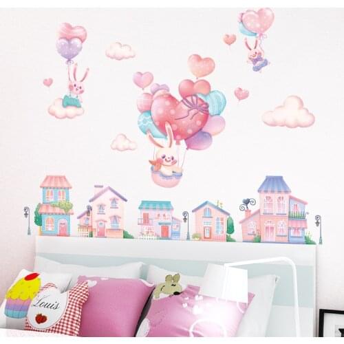 Bunny Balloon Town Wall Stickers for Girls room Kids room Nursery Wall Decor Cartoon Removable Vinyl PVC Wall Decals Home Decor