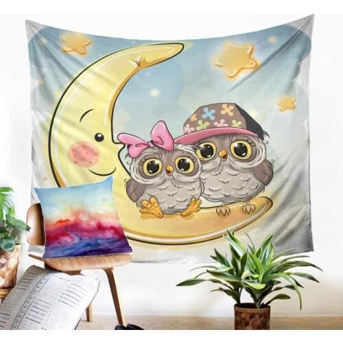 Cartoon Print Wall Tapestry Cute Night Owl Motif Throw Rug High Quality Macrame Panel Modern Home Decoration Dorm Decor
