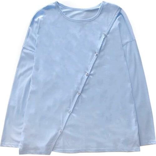 Autumn oblique buckle irregular split design loose and thin simple wind long-sleeved T-shirt