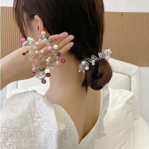 Women Telephone Wire Rubber Bands Summer Colorful Beads Pearl Sweet Stretchy Non-mark Spiral Coil Ropes Solid Hair Ties