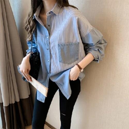 Fall New Polo Collar Denim Shirt Girls Long-sleeved Shirt Fairy Design Feeling Loose Single Row And Multiple Buckle 7256 50