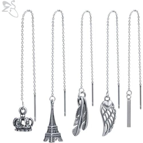 ZS 1 Pair Stainless Steel Long Tassel Earrings Unisex Feather Crown Drop Ear Line Punk Rock Chain Ear Piercings Jewelry Gift